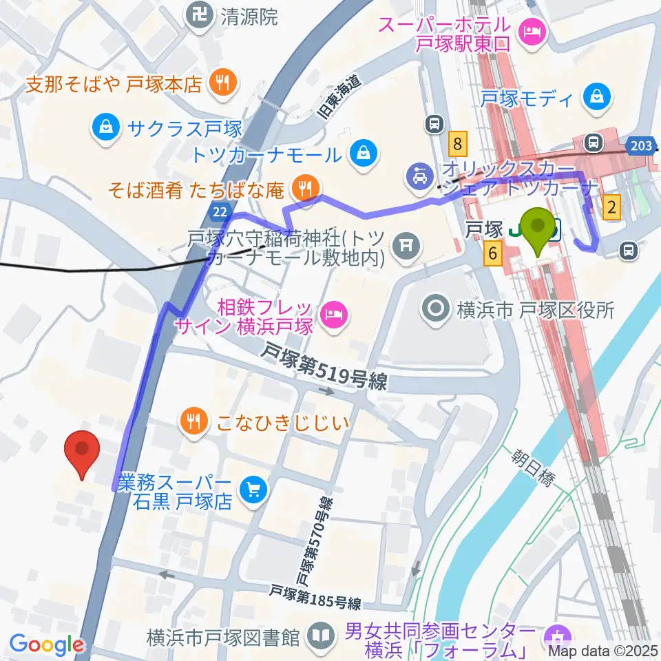 戸塚ファーストアヴェニューの最寄駅戸塚駅からの徒歩ルート（約6分）地図
