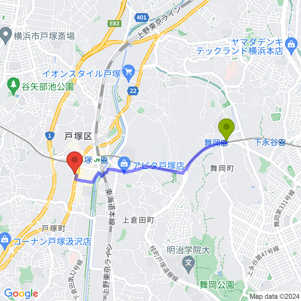 舞岡駅から戸塚ファーストアヴェニューへのルートマップ地図
