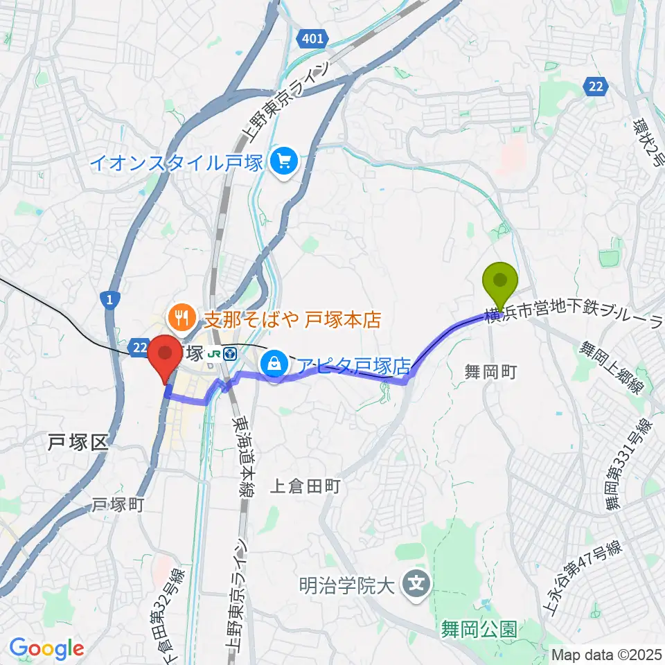 舞岡駅から戸塚ファーストアヴェニューへのルートマップ地図