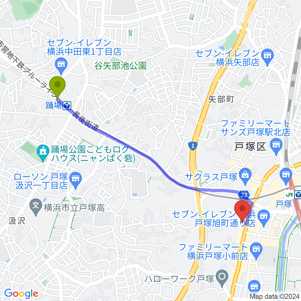 踊場駅から戸塚ファーストアヴェニューへのルートマップ地図
