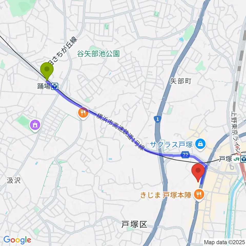 踊場駅から戸塚ファーストアヴェニューへのルートマップ地図