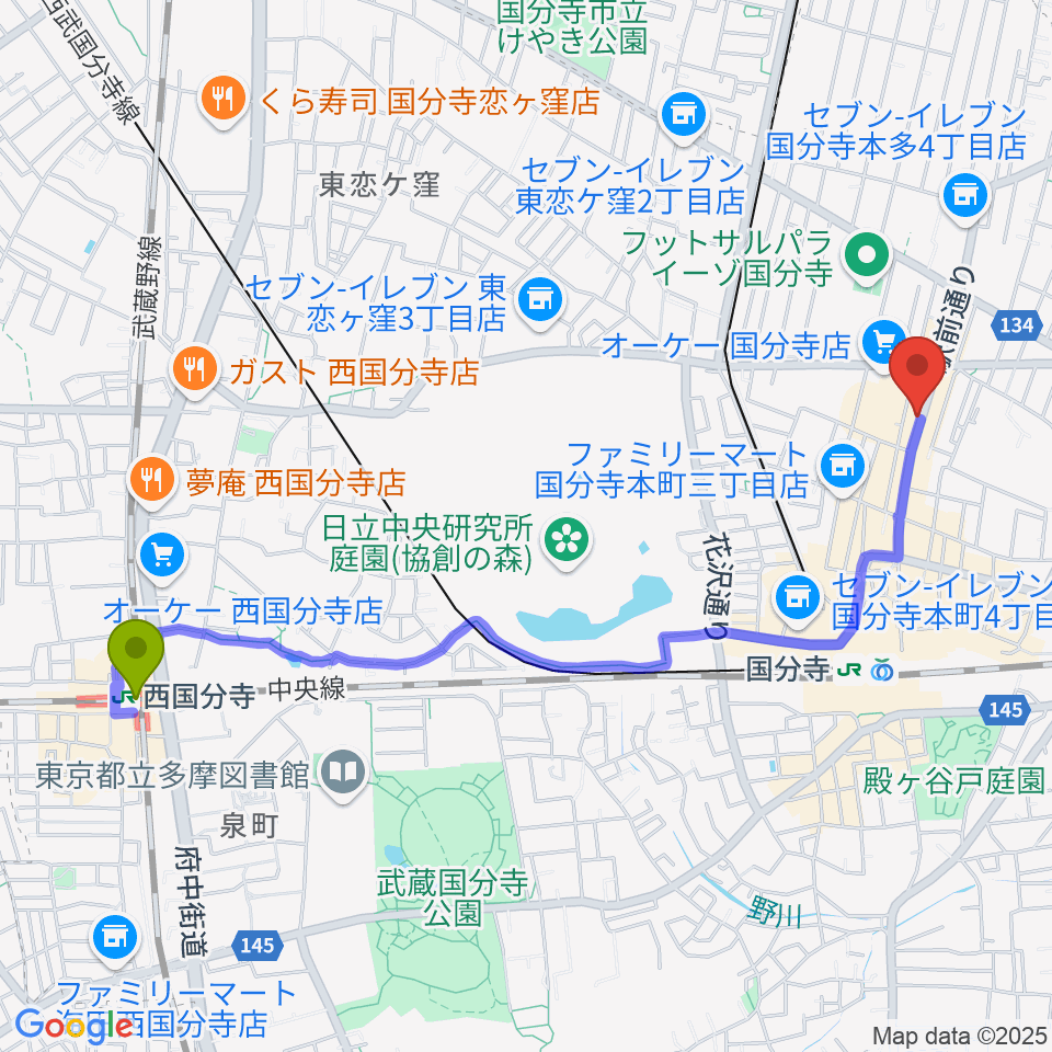 西国分寺駅からファーストアヴェニュースタジオへのルートマップ地図