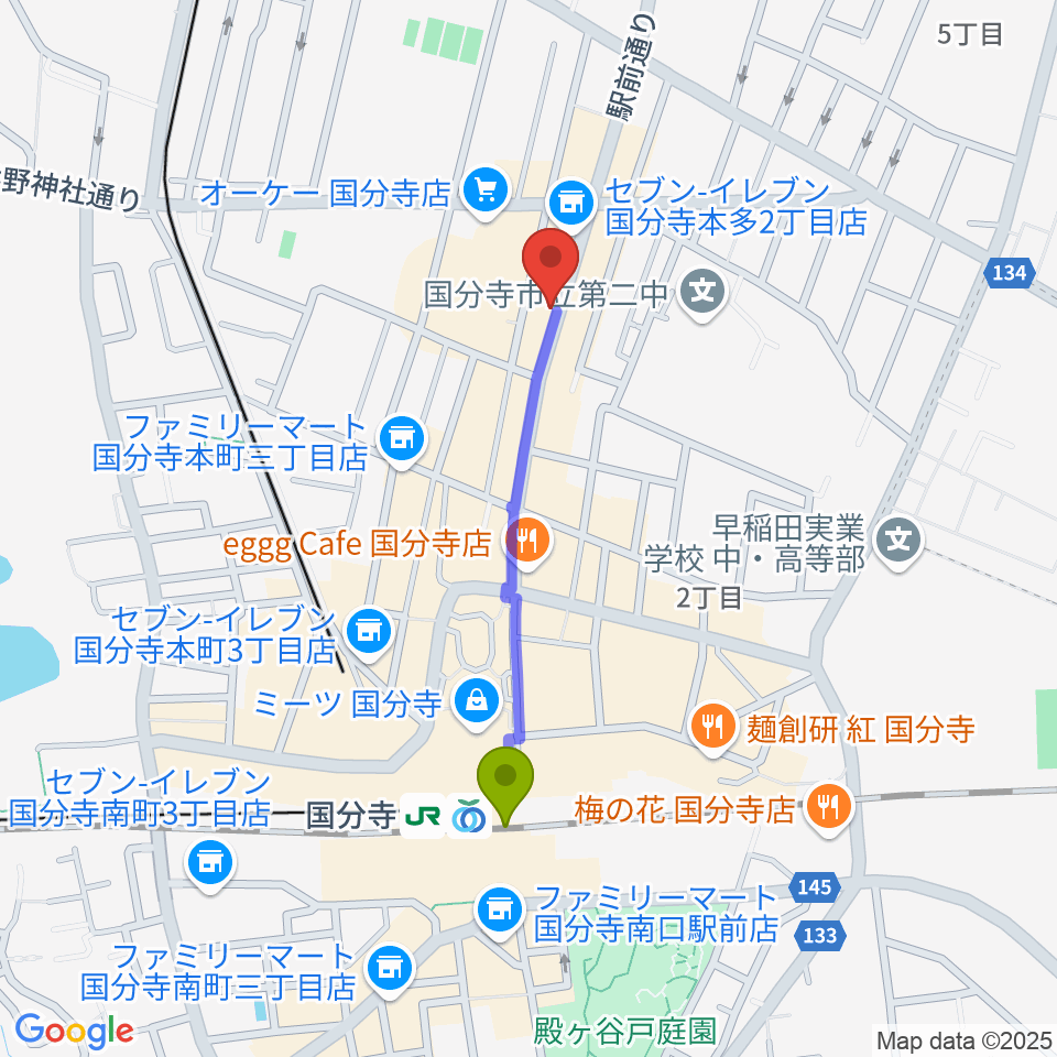 ファーストアヴェニュースタジオの最寄駅国分寺駅からの徒歩ルート（約8分）地図