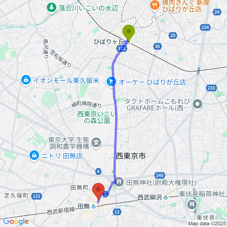ひばりヶ丘駅から宮地楽器アスタ田無センターへのルートマップ地図