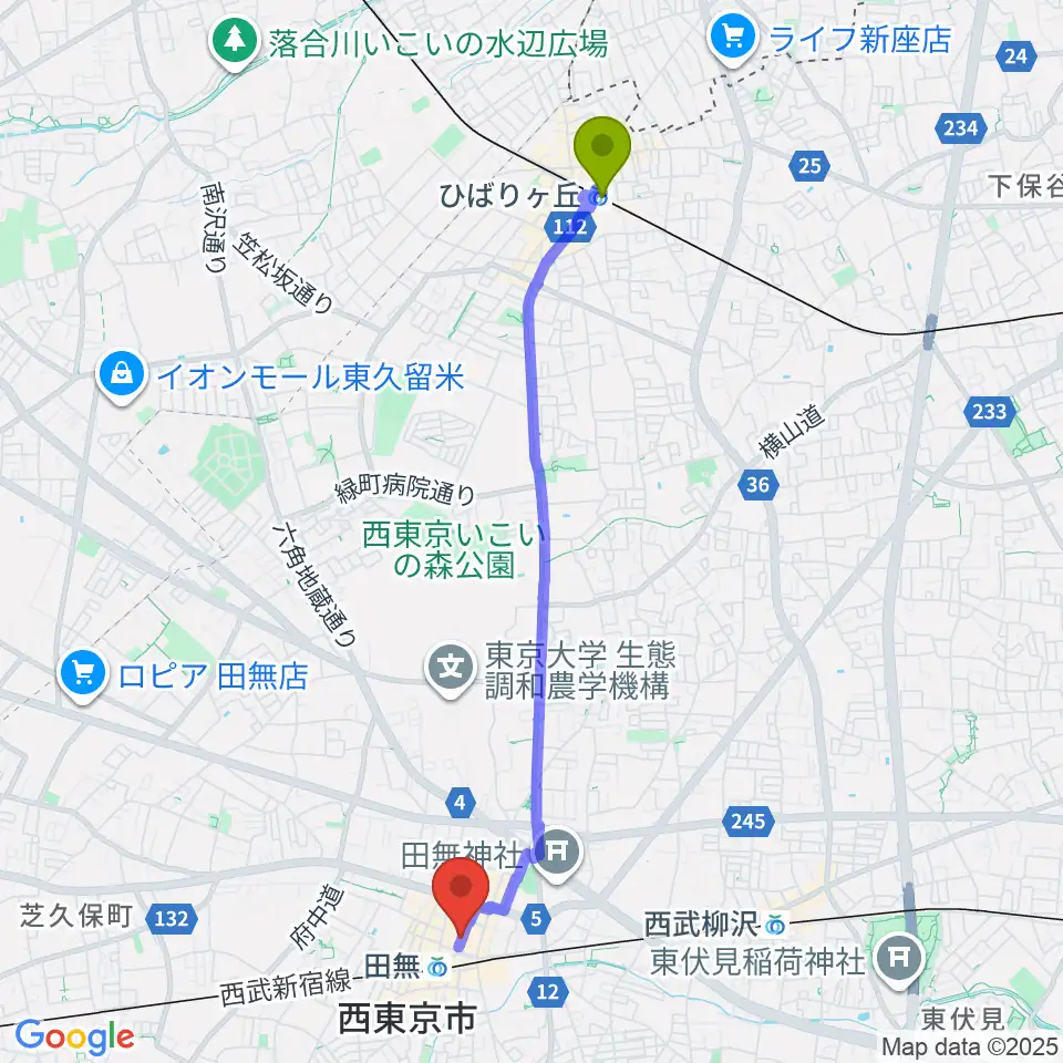 ひばりヶ丘駅から宮地楽器アスタ田無センターへのルートマップ地図