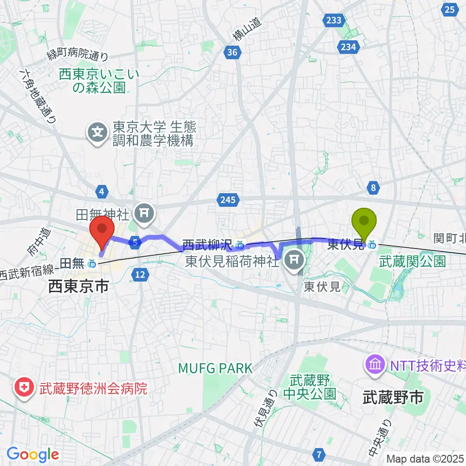 東伏見駅から宮地楽器アスタ田無センターへのルートマップ地図