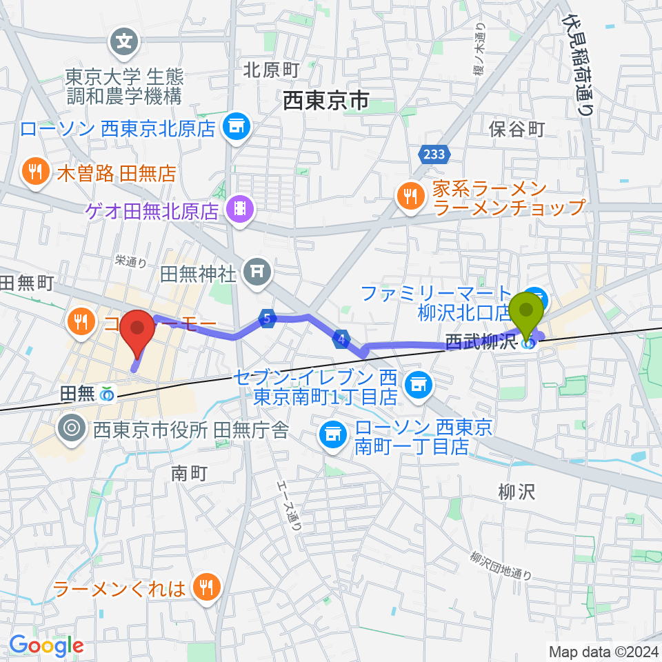 西武柳沢駅から宮地楽器アスタ田無センターへのルートマップ地図