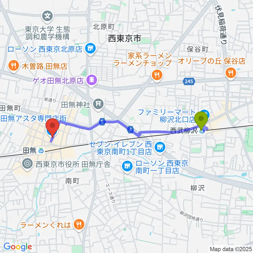 西武柳沢駅から宮地楽器アスタ田無センターへのルートマップ地図