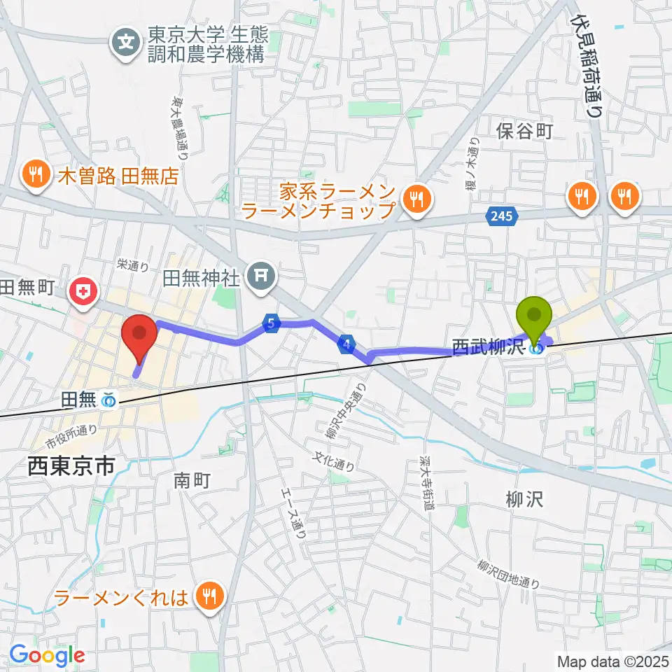西武柳沢駅から宮地楽器アスタ田無センターへのルートマップ地図