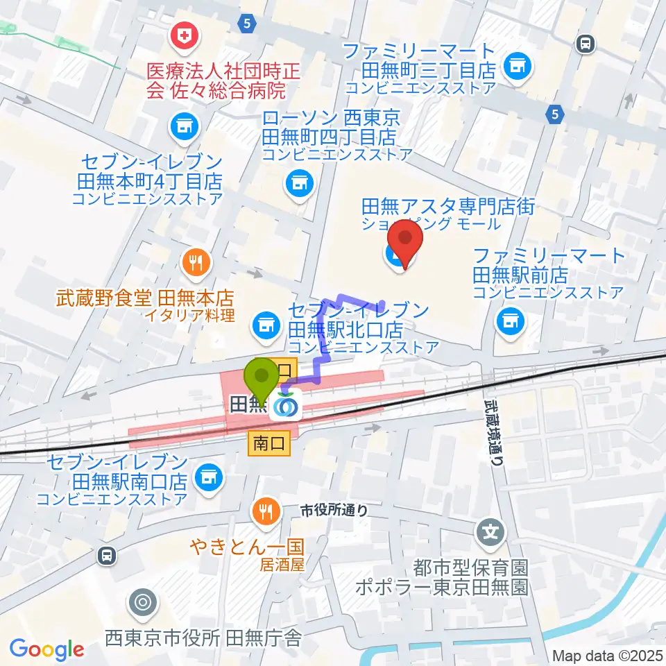 宮地楽器アスタ田無センターの最寄駅田無駅からの徒歩ルート（約2分）地図