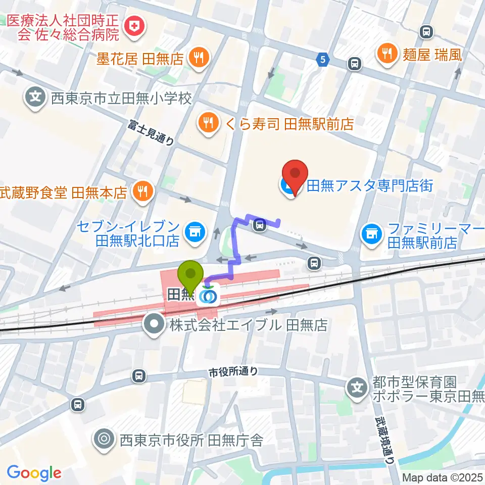 宮地楽器アスタ田無センターの最寄駅田無駅からの徒歩ルート（約2分）地図