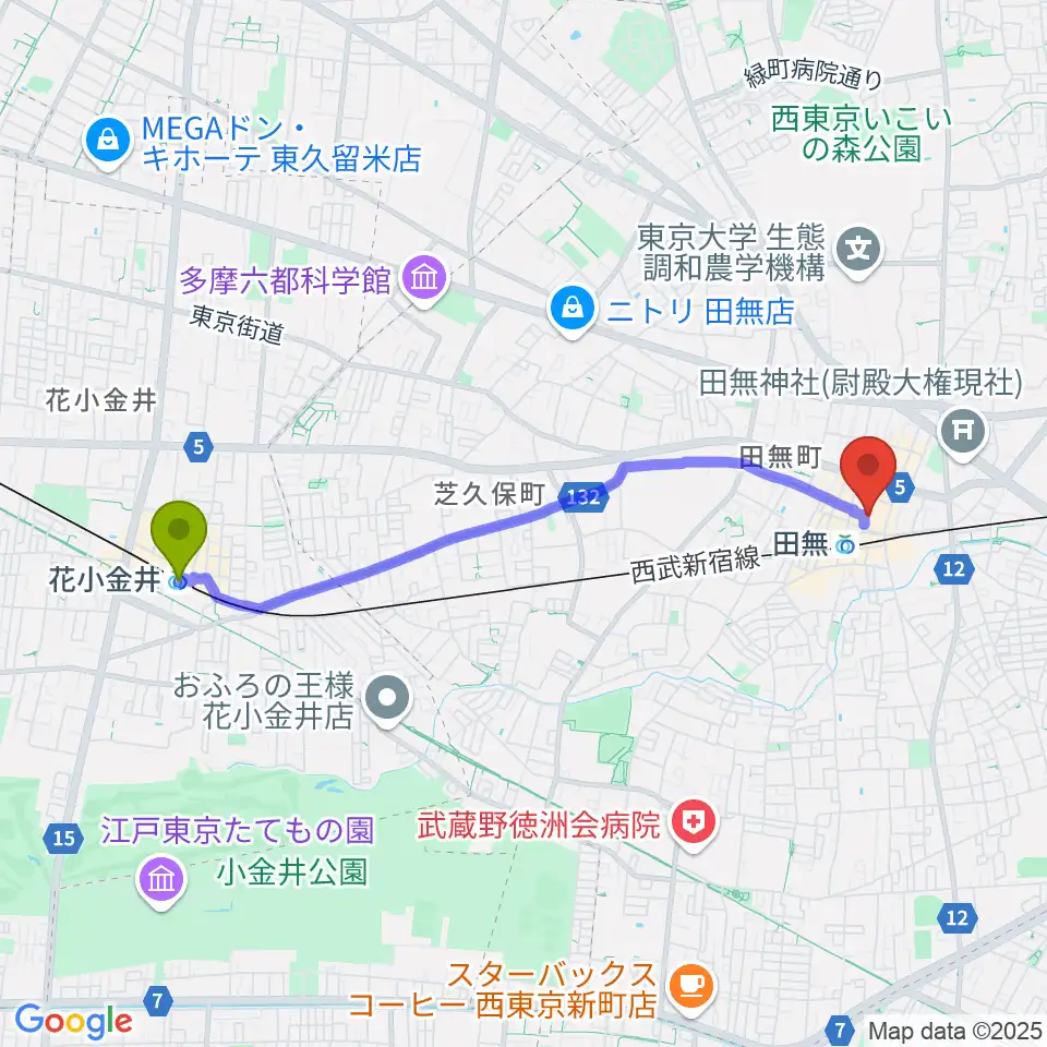 花小金井駅から宮地楽器アスタ田無センターへのルートマップ地図