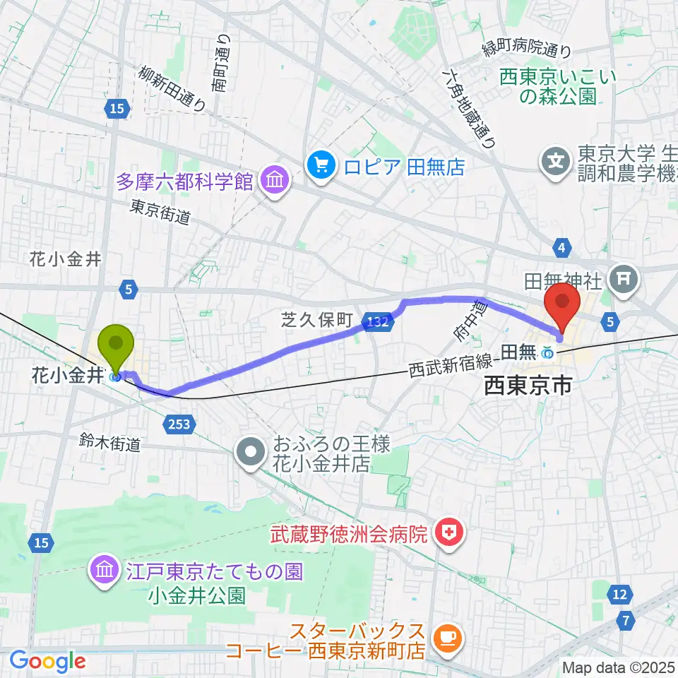 花小金井駅から宮地楽器アスタ田無センターへのルートマップ地図
