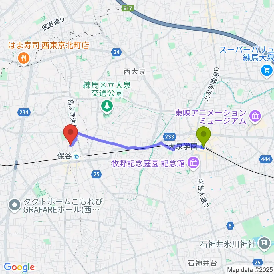 大泉学園駅から宮地楽器 保谷センターへのルートマップ地図