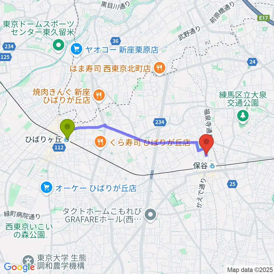 ひばりヶ丘駅から宮地楽器 保谷センターへのルートマップ地図