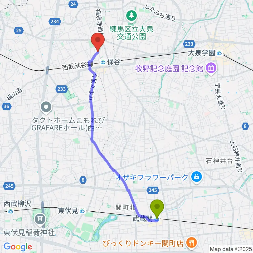 武蔵関駅から宮地楽器 保谷センターへのルートマップ地図