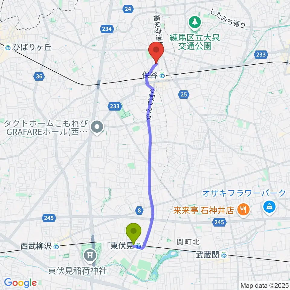 東伏見駅から宮地楽器 保谷センターへのルートマップ地図