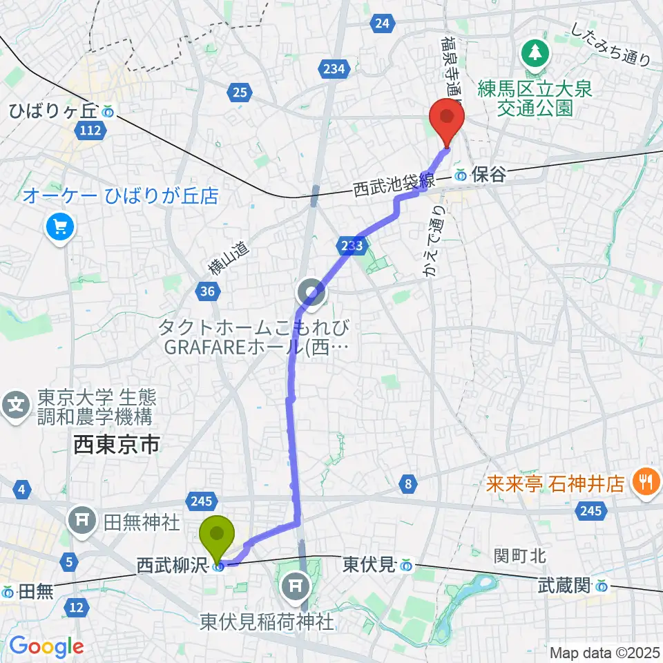 西武柳沢駅から宮地楽器 保谷センターへのルートマップ地図