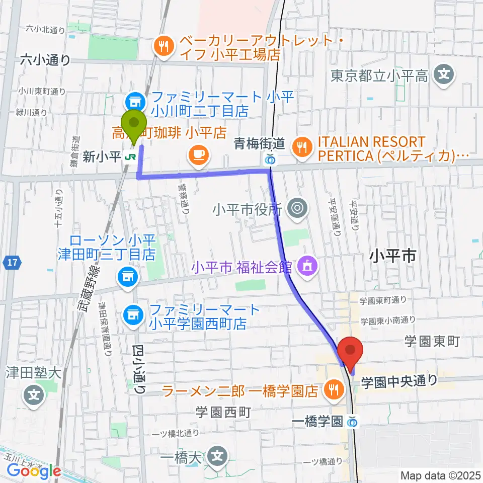 新小平駅から宮地楽器 小平センターへのルートマップ地図