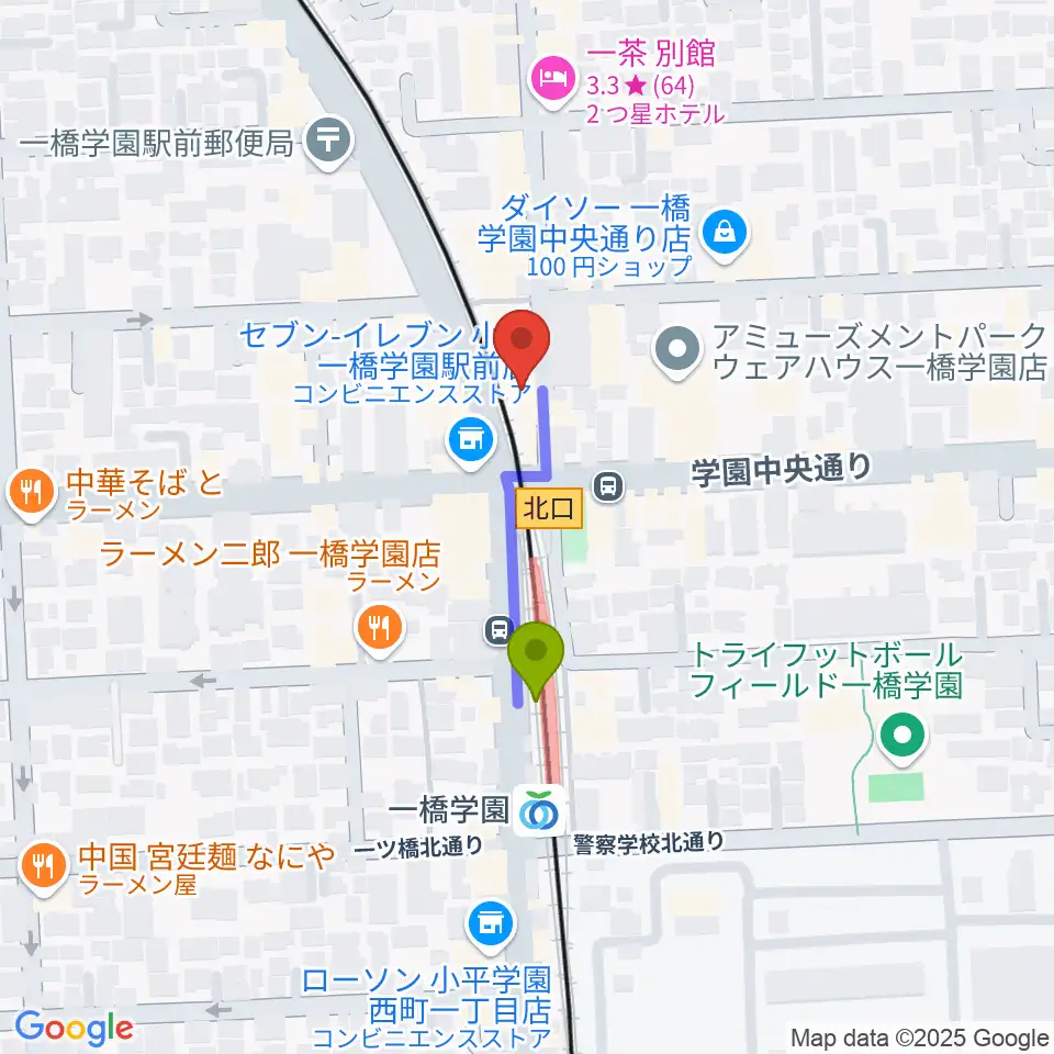 宮地楽器 小平センターの最寄駅一橋学園駅からの徒歩ルート（約2分）地図