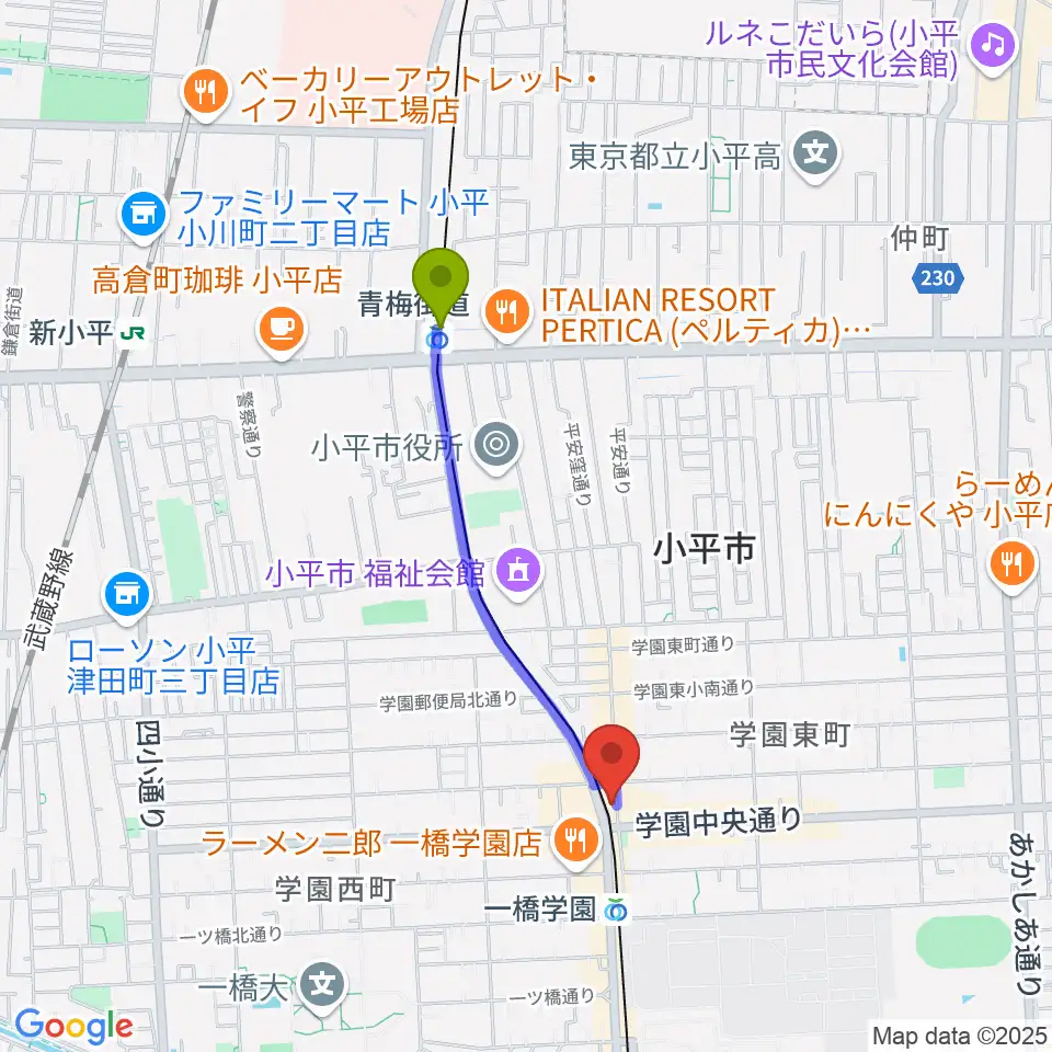 青梅街道駅から宮地楽器 小平センターへのルートマップ地図