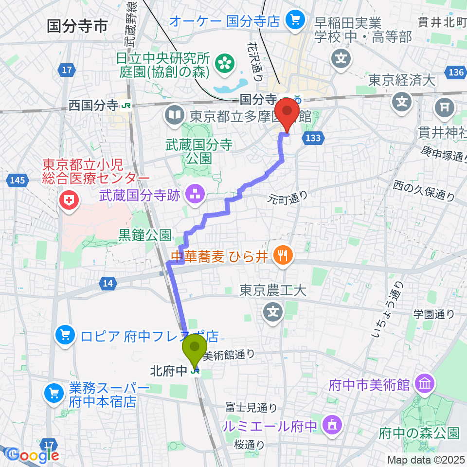 北府中駅から宮地楽器 国分寺センターへのルートマップ地図