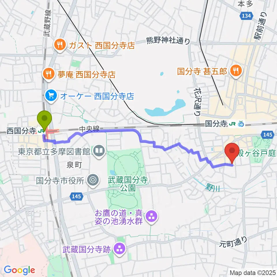 西国分寺駅から宮地楽器 国分寺センターへのルートマップ地図