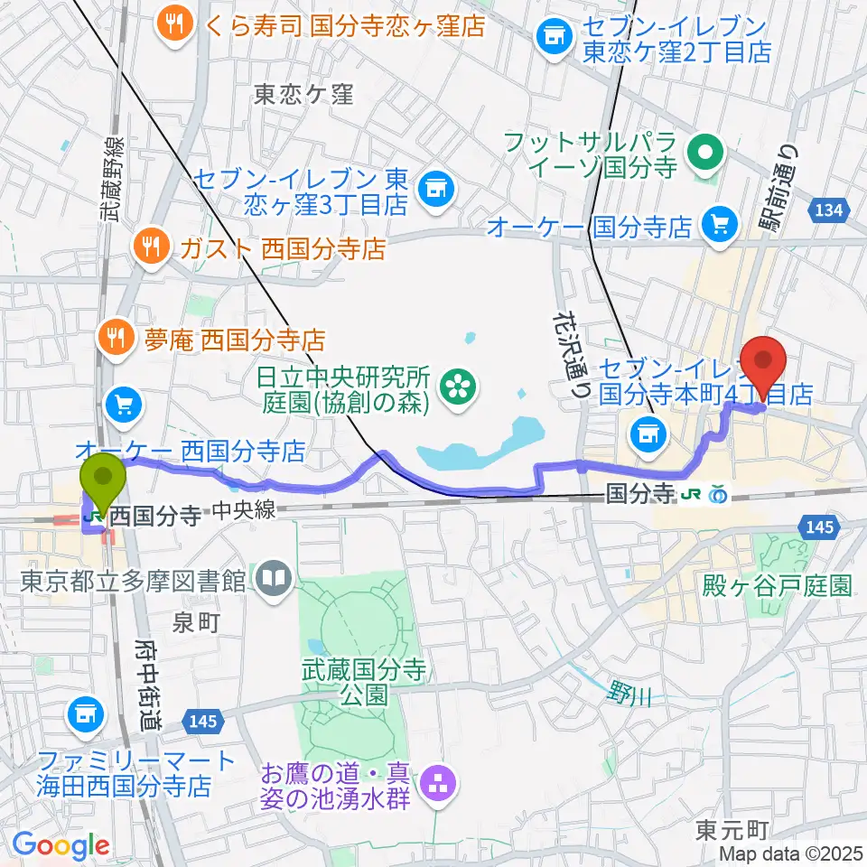 西国分寺駅から宮地楽器 国分寺北センターへのルートマップ地図