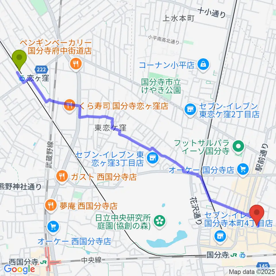 恋ヶ窪駅から宮地楽器 国分寺北センターへのルートマップ地図