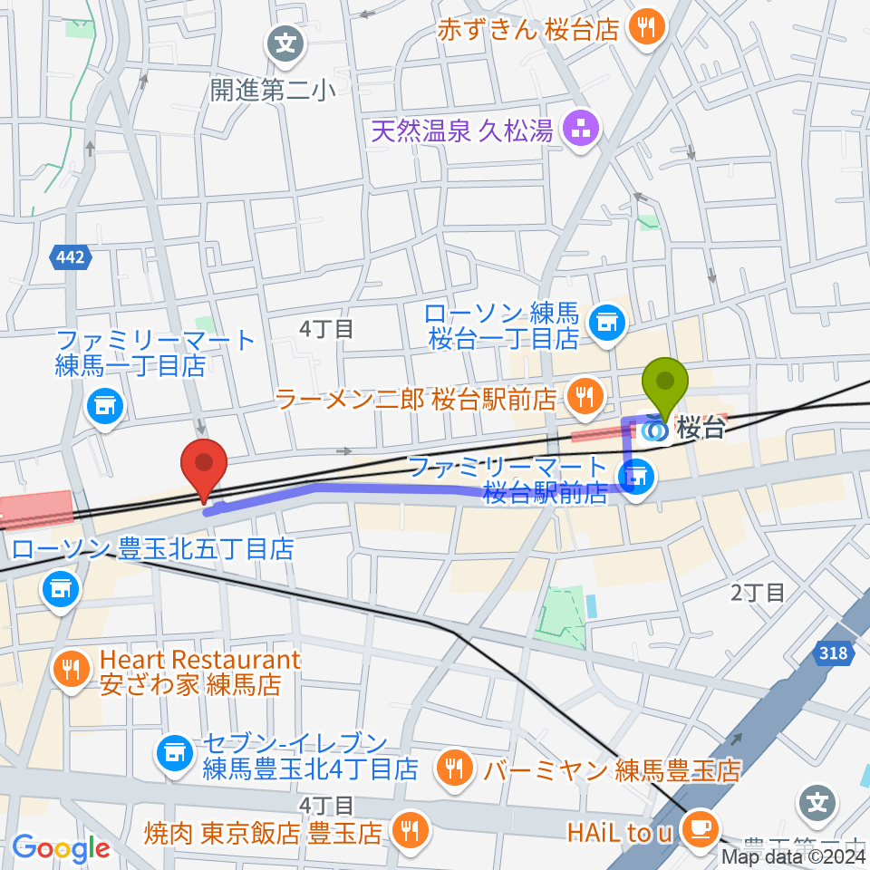 桜台駅から9th Sounds ギタースクールへのルートマップ地図