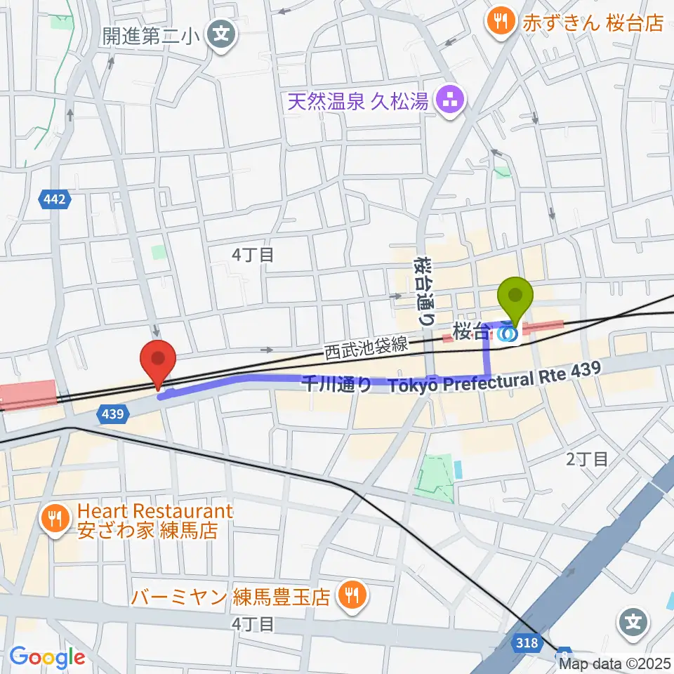 桜台駅から9th Sounds ギタースクールへのルートマップ地図
