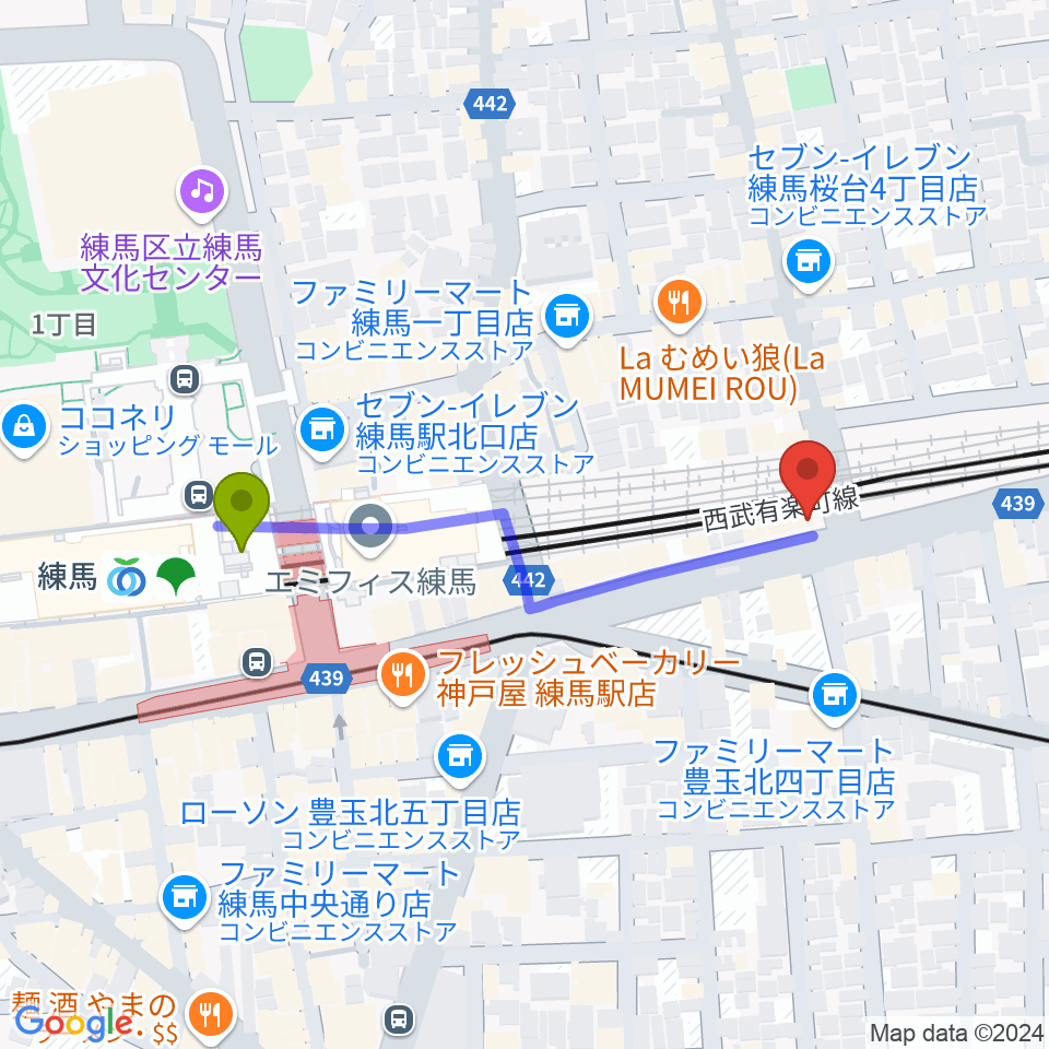 9th Sounds ギタースクールの最寄駅練馬駅からの徒歩ルート（約4分）地図