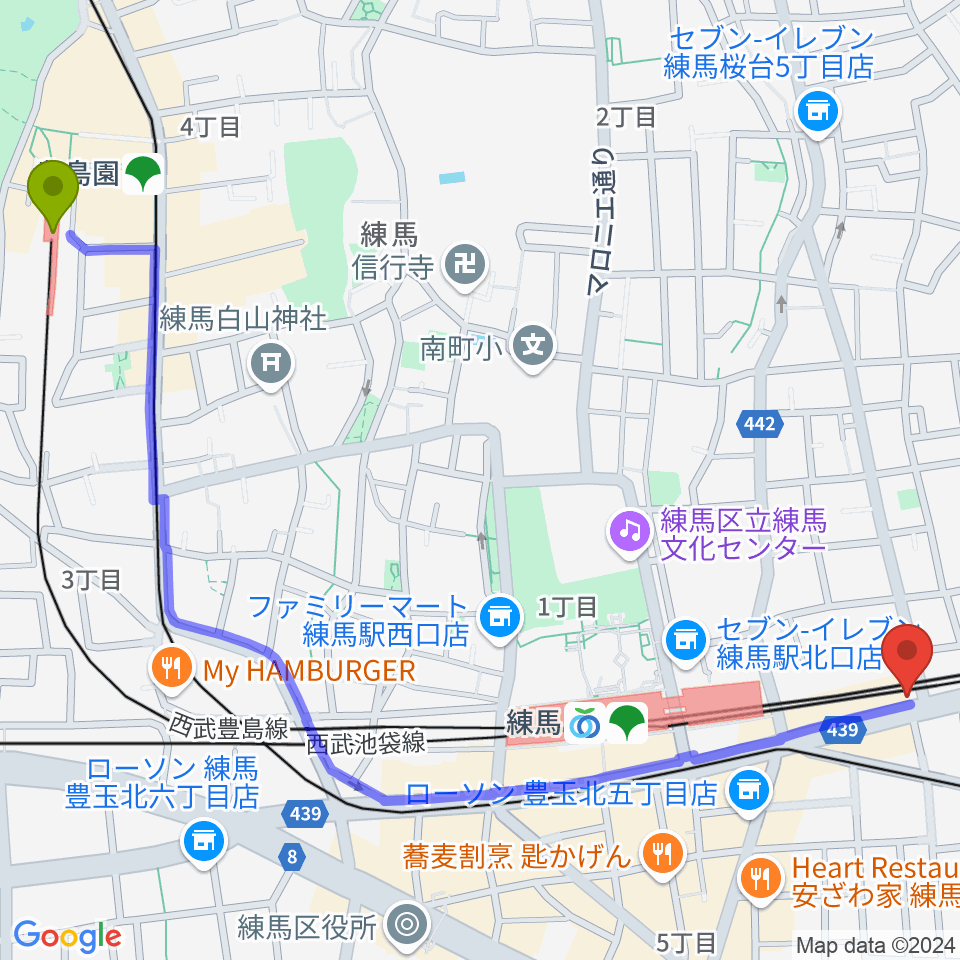 豊島園駅から9th Sounds ギタースクールへのルートマップ地図