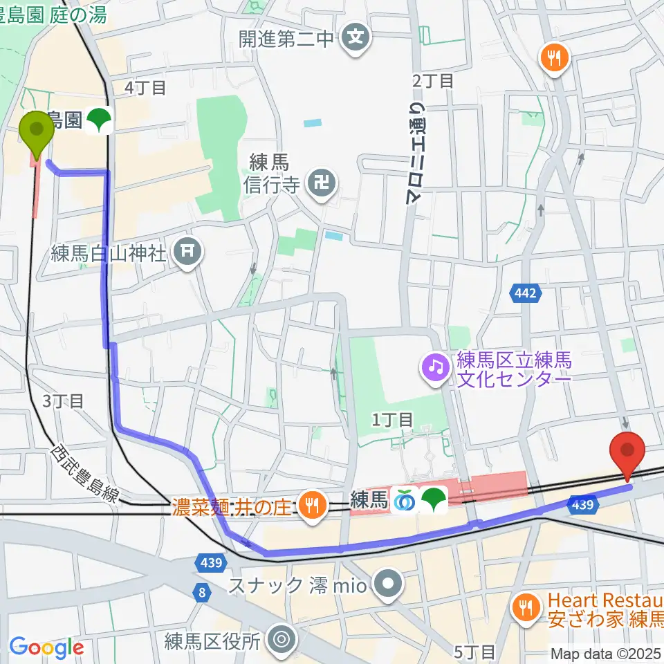 豊島園駅から9th Sounds ギタースクールへのルートマップ地図