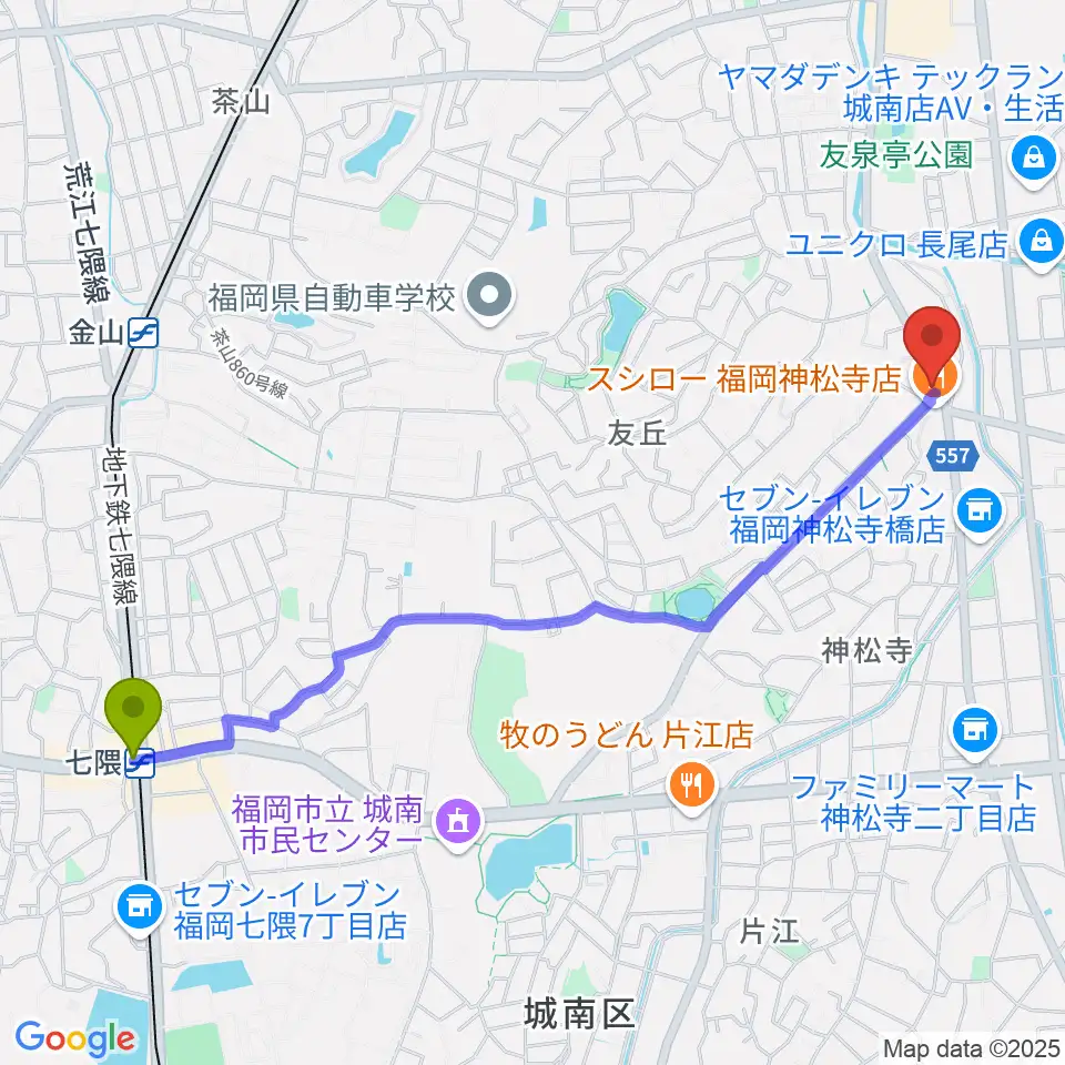 七隈駅から音楽教室トップ・シャイニングへのルートマップ地図