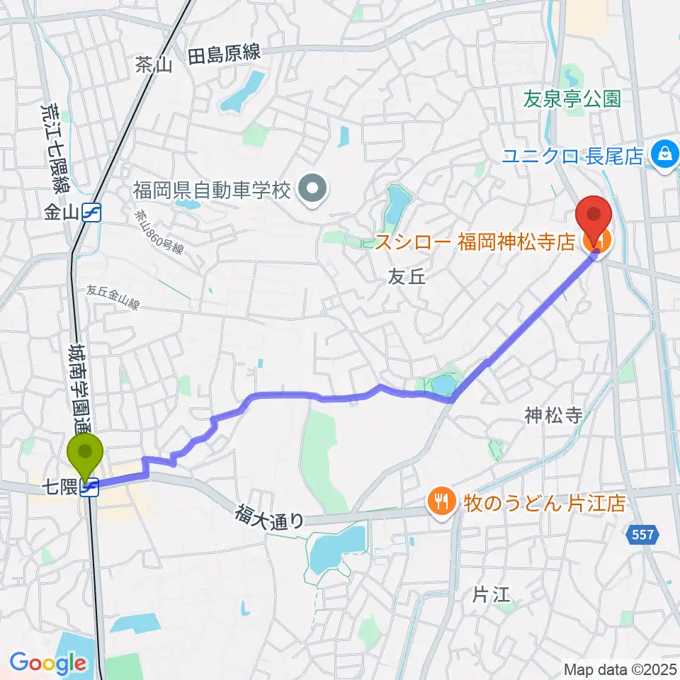 七隈駅から音楽教室トップ・シャイニングへのルートマップ地図