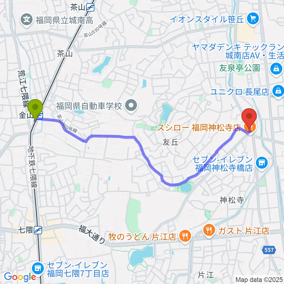 金山駅から音楽教室トップ・シャイニングへのルートマップ地図