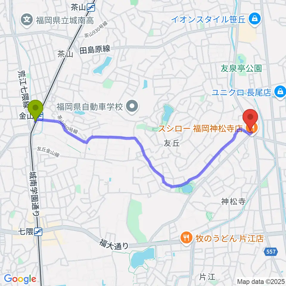 金山駅から音楽教室トップ・シャイニングへのルートマップ地図
