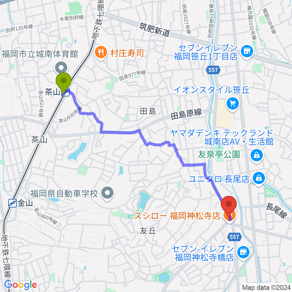 音楽教室トップ・シャイニングの最寄駅茶山駅からの徒歩ルート（約22分）地図