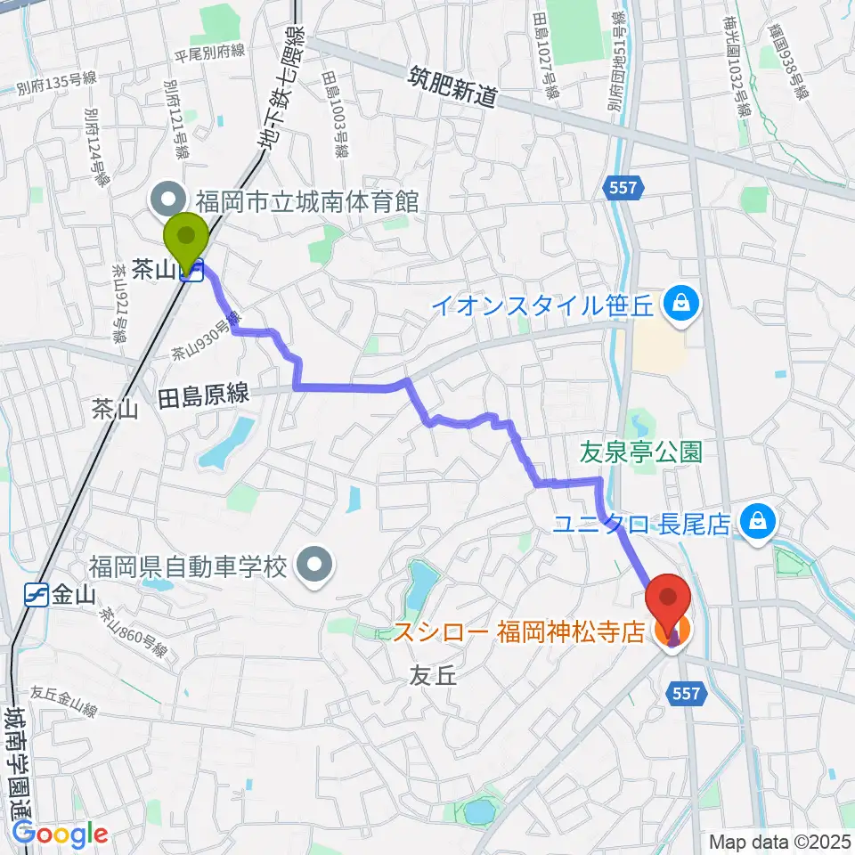音楽教室トップ・シャイニングの最寄駅茶山駅からの徒歩ルート（約22分）地図