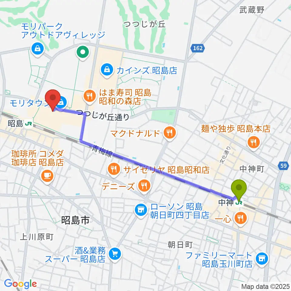 中神駅から宮地楽器 昭島モリタウンセンターへのルートマップ地図