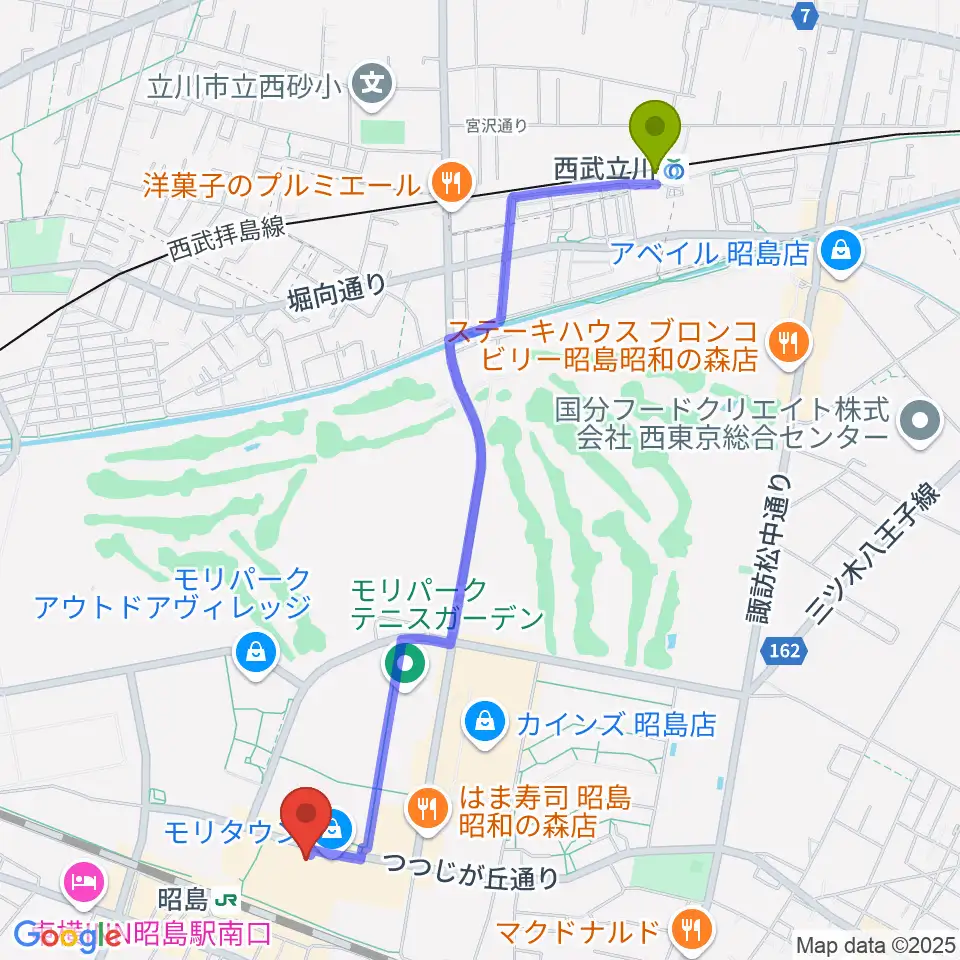 西武立川駅から宮地楽器 昭島モリタウンセンターへのルートマップ地図