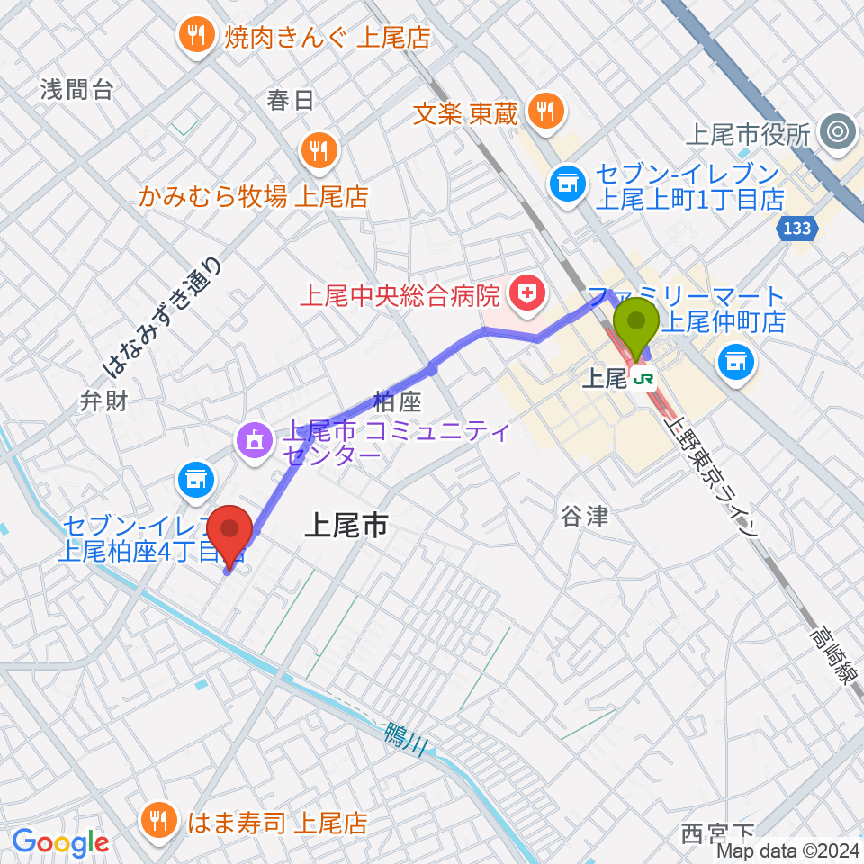 サウンドトラベルの最寄駅上尾駅からの徒歩ルート（約16分）地図