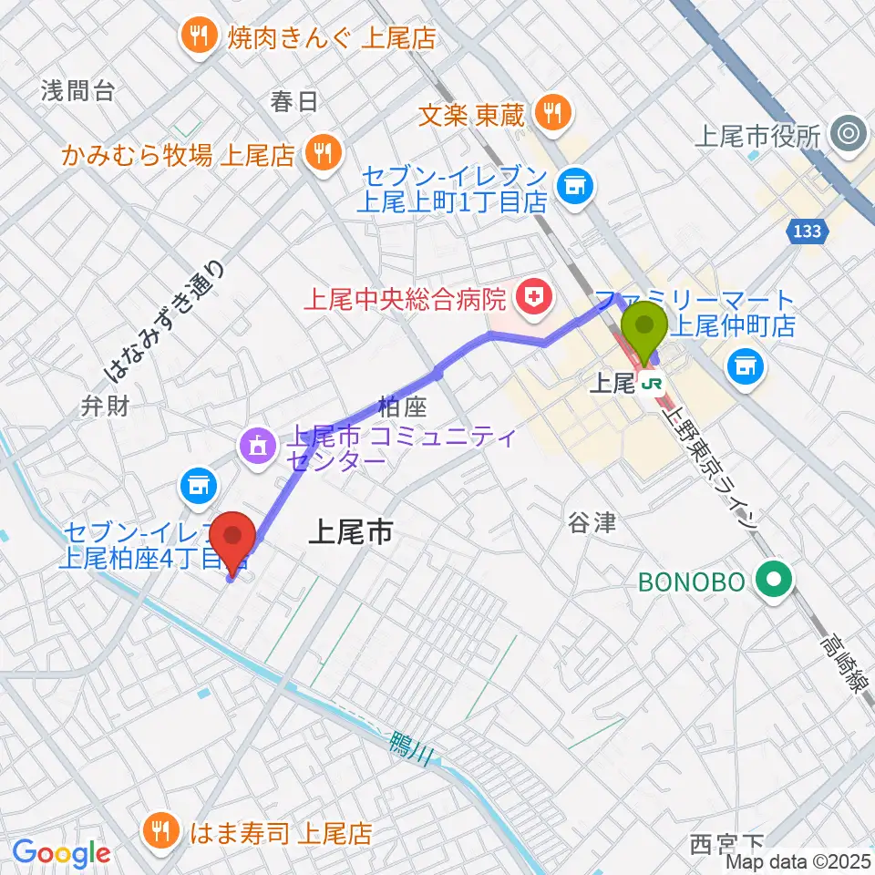 サウンドトラベルの最寄駅上尾駅からの徒歩ルート（約16分）地図