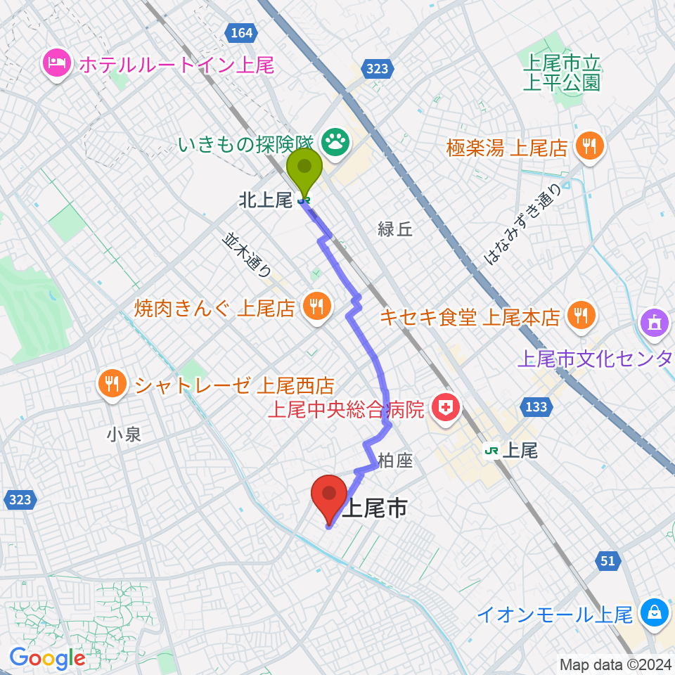 北上尾駅からサウンドトラベルへのルートマップ地図