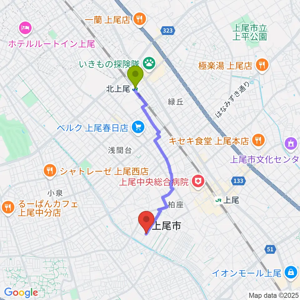 北上尾駅からサウンドトラベルへのルートマップ地図