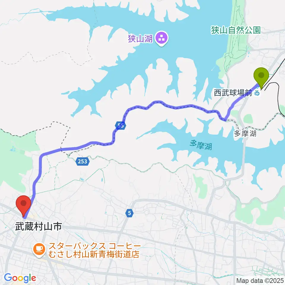 西武球場前駅から宮地楽器 武蔵村山センターへのルートマップ地図