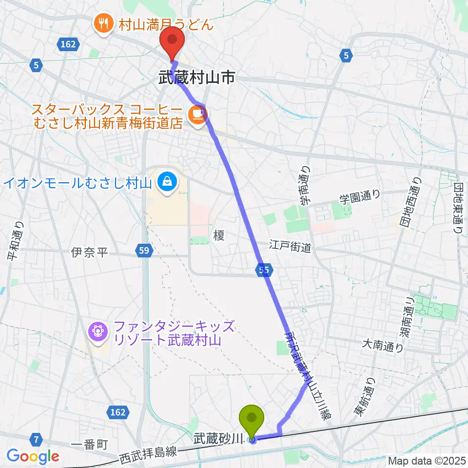 武蔵砂川駅から宮地楽器 武蔵村山センターへのルートマップ地図