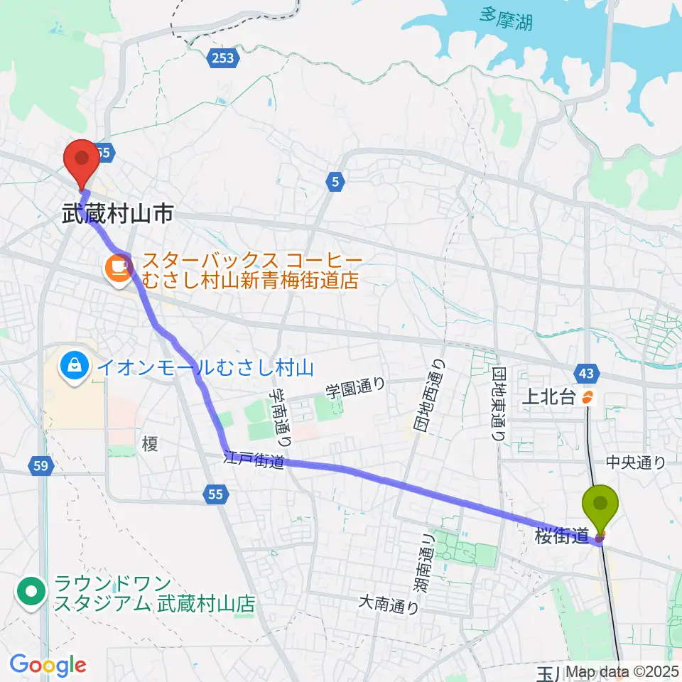 桜街道駅から宮地楽器 武蔵村山センターへのルートマップ地図