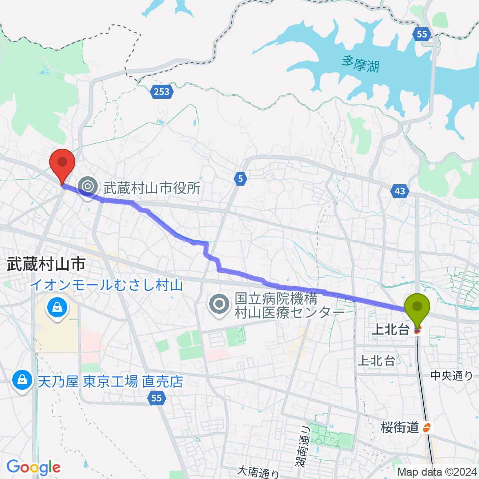 宮地楽器 武蔵村山センターの最寄駅上北台駅からの徒歩ルート（約50分）地図